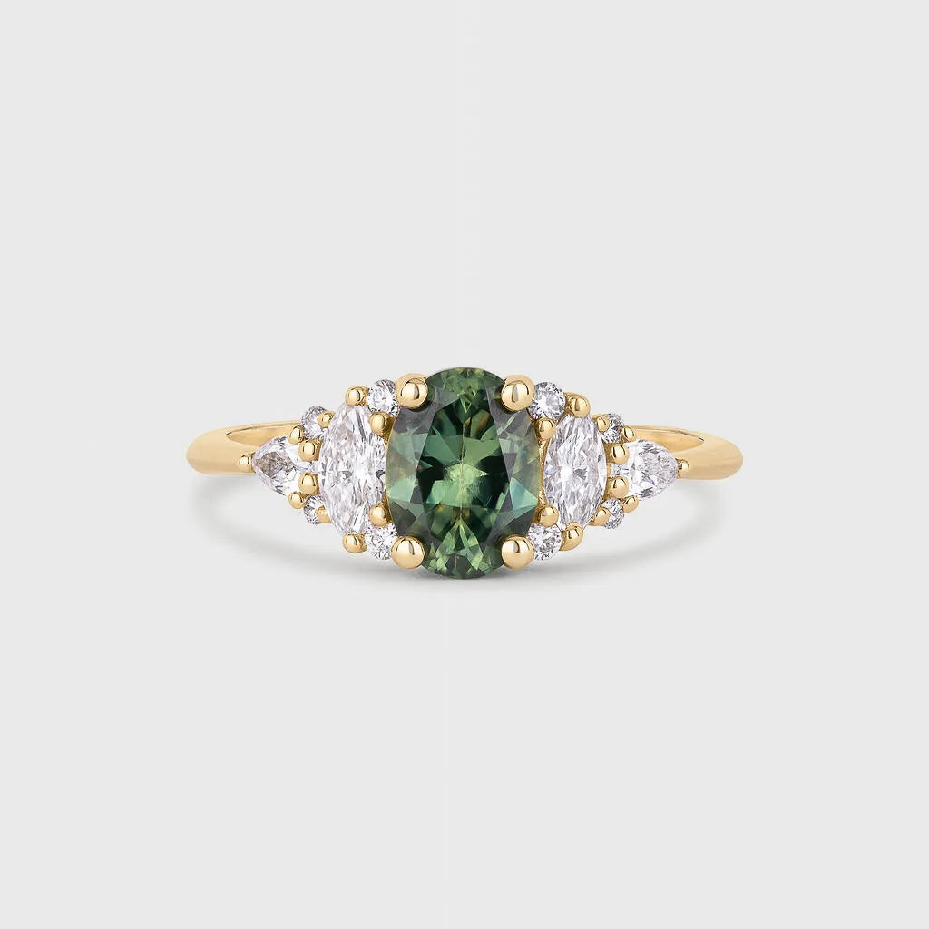 13-Stone Green Sapphire Engagement Ring with Marquise Diamond Cluster