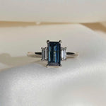 18ct White Gold Blue Sapphire Baguette Three Stone Engagement Ring