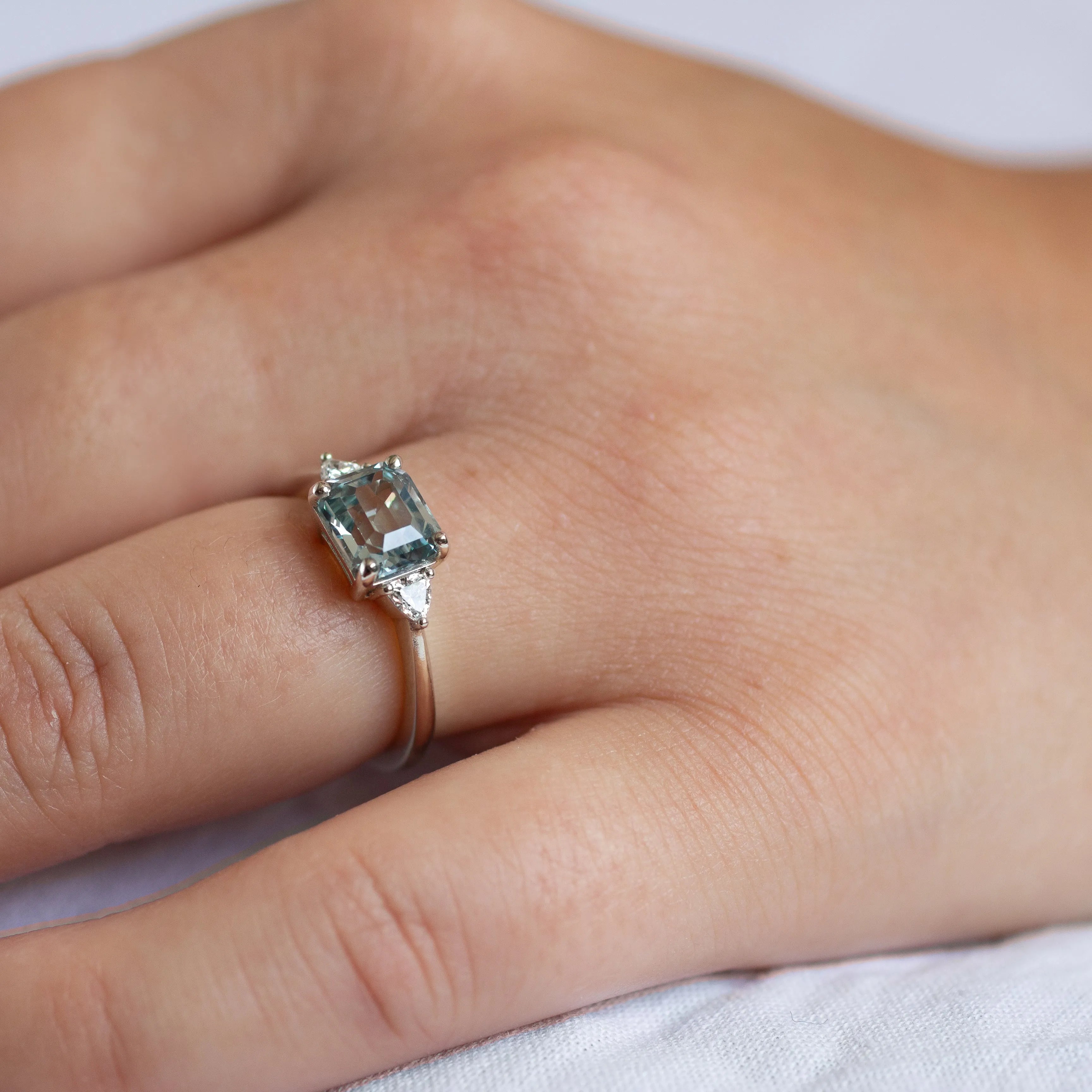 White Gold East-West Blue Emerald Cut Sapphire Engagement Ring-Engagement Rings-Wild Fawn Jewellery