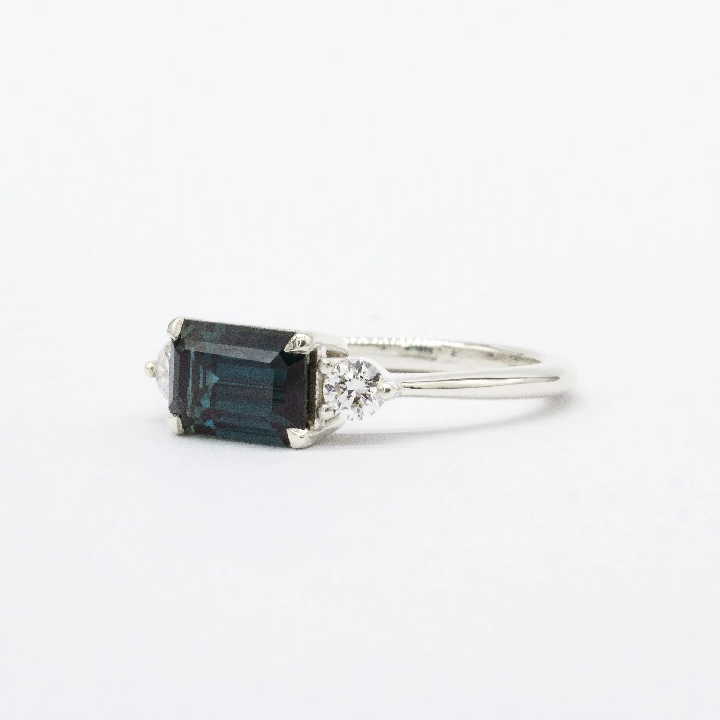 East-West Dark Blue Emerald Cut Trilogy Sapphire Engagement Ring-Engagement Rings-Wild Fawn Jewellery