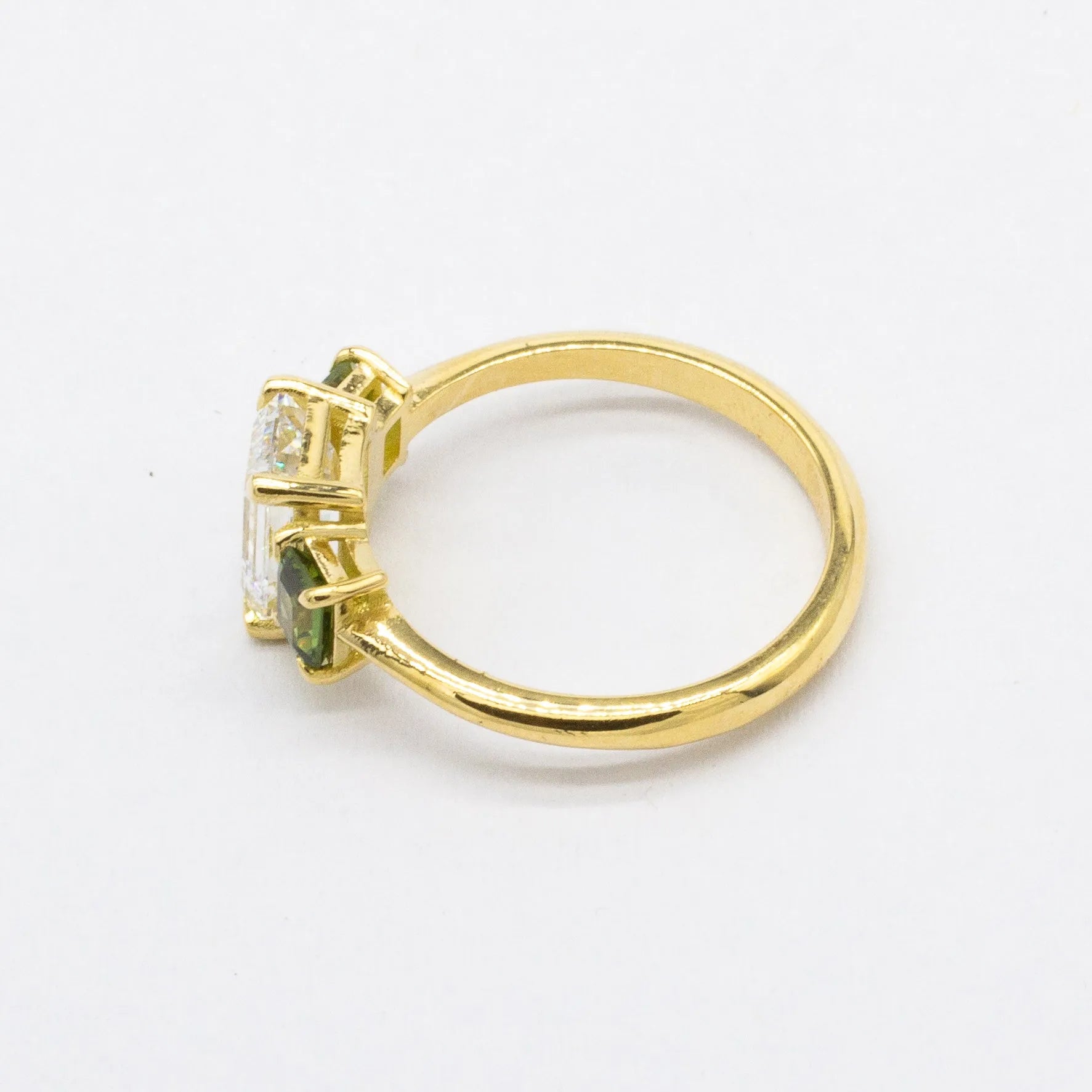 Emerald Cut Diamond Trilogy Engagement Ring with Green Sapphires-Engagement Rings-Wild Fawn Jewellery