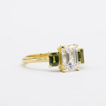 Emerald Cut Diamond Trilogy Engagement Ring with Green Sapphires-Engagement Rings-Wild Fawn Jewellery