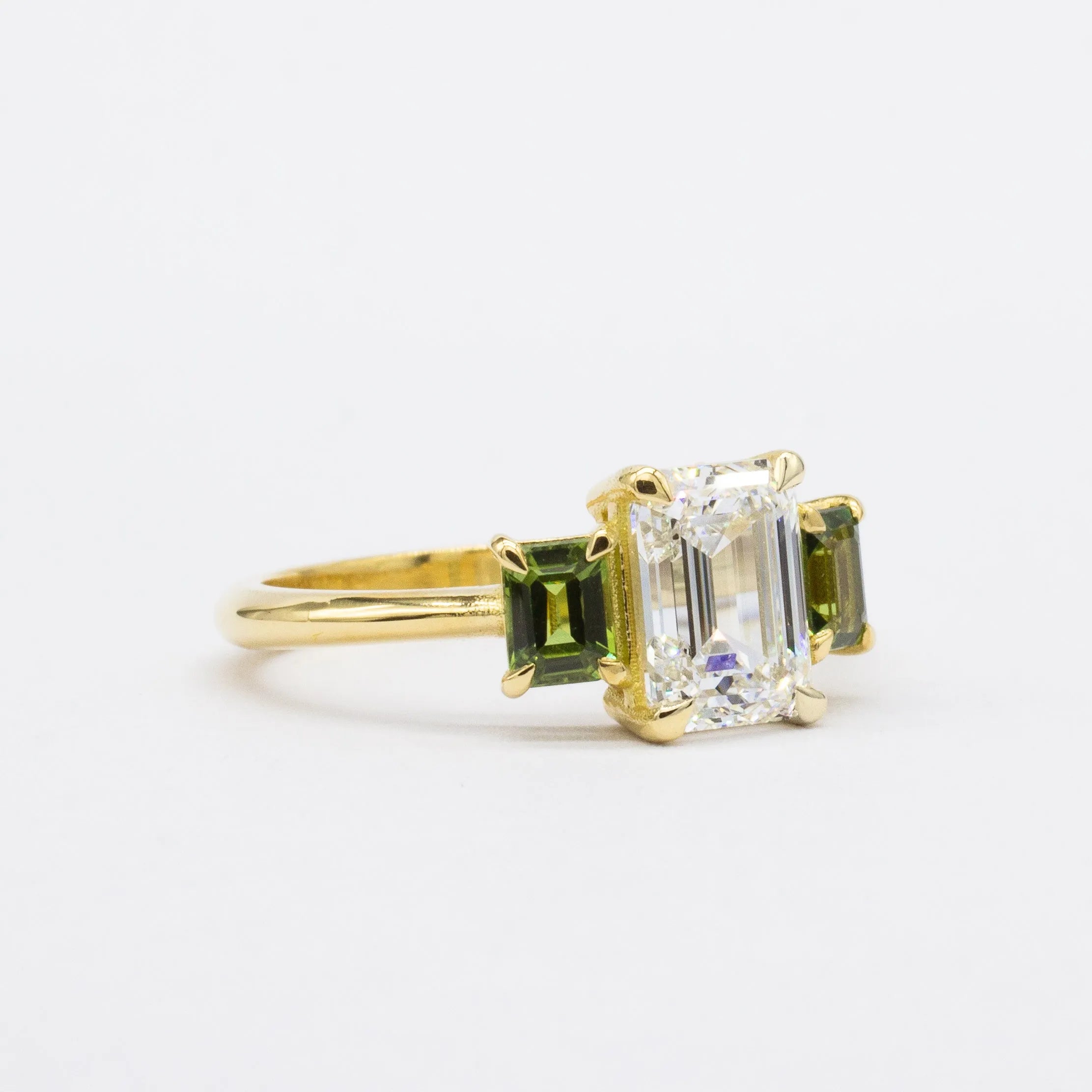 Emerald Cut Diamond Trilogy Engagement Ring with Green Sapphires-Engagement Rings-Wild Fawn Jewellery