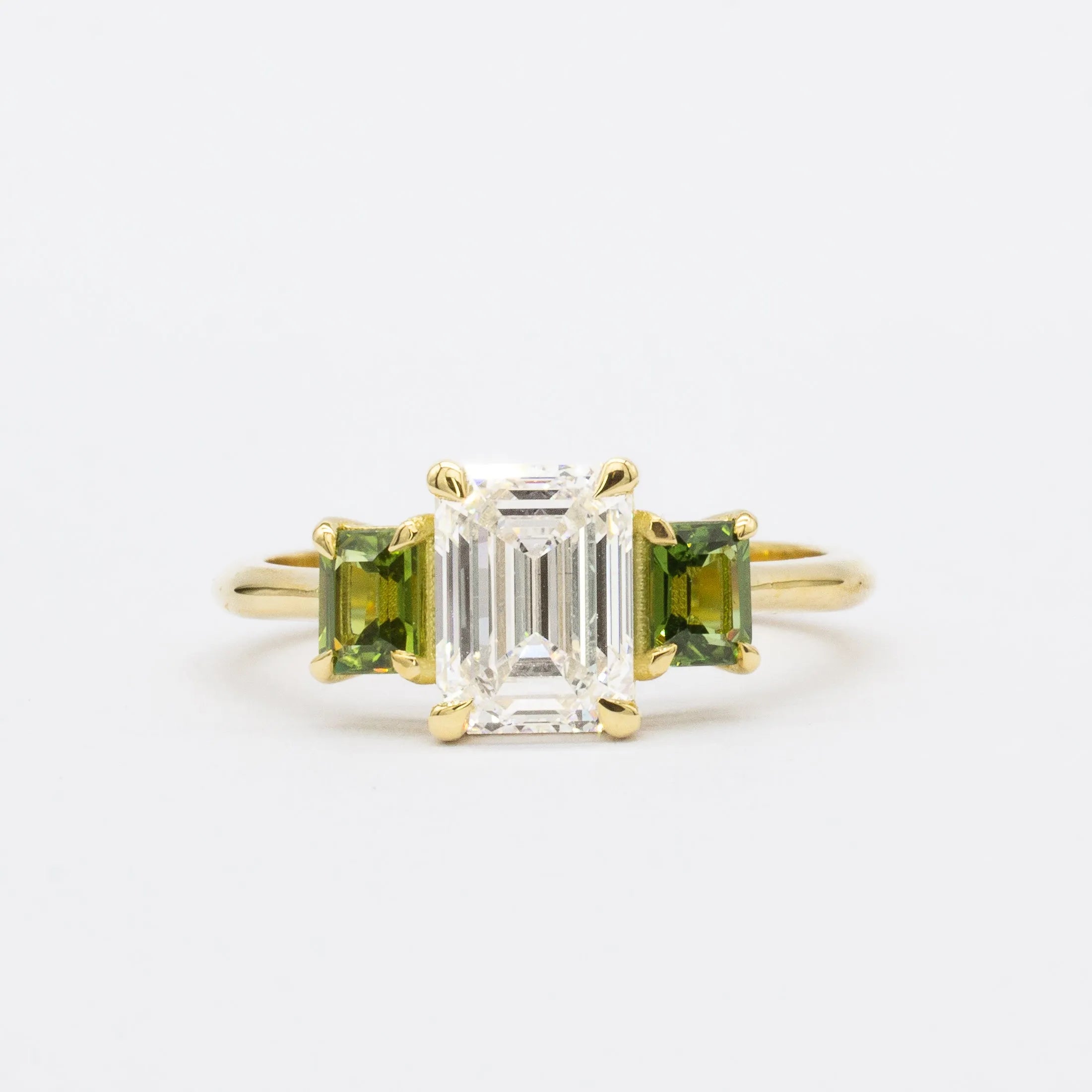 Emerald Cut Diamond Trilogy Engagement Ring with Green Sapphires-Engagement Rings-Wild Fawn Jewellery