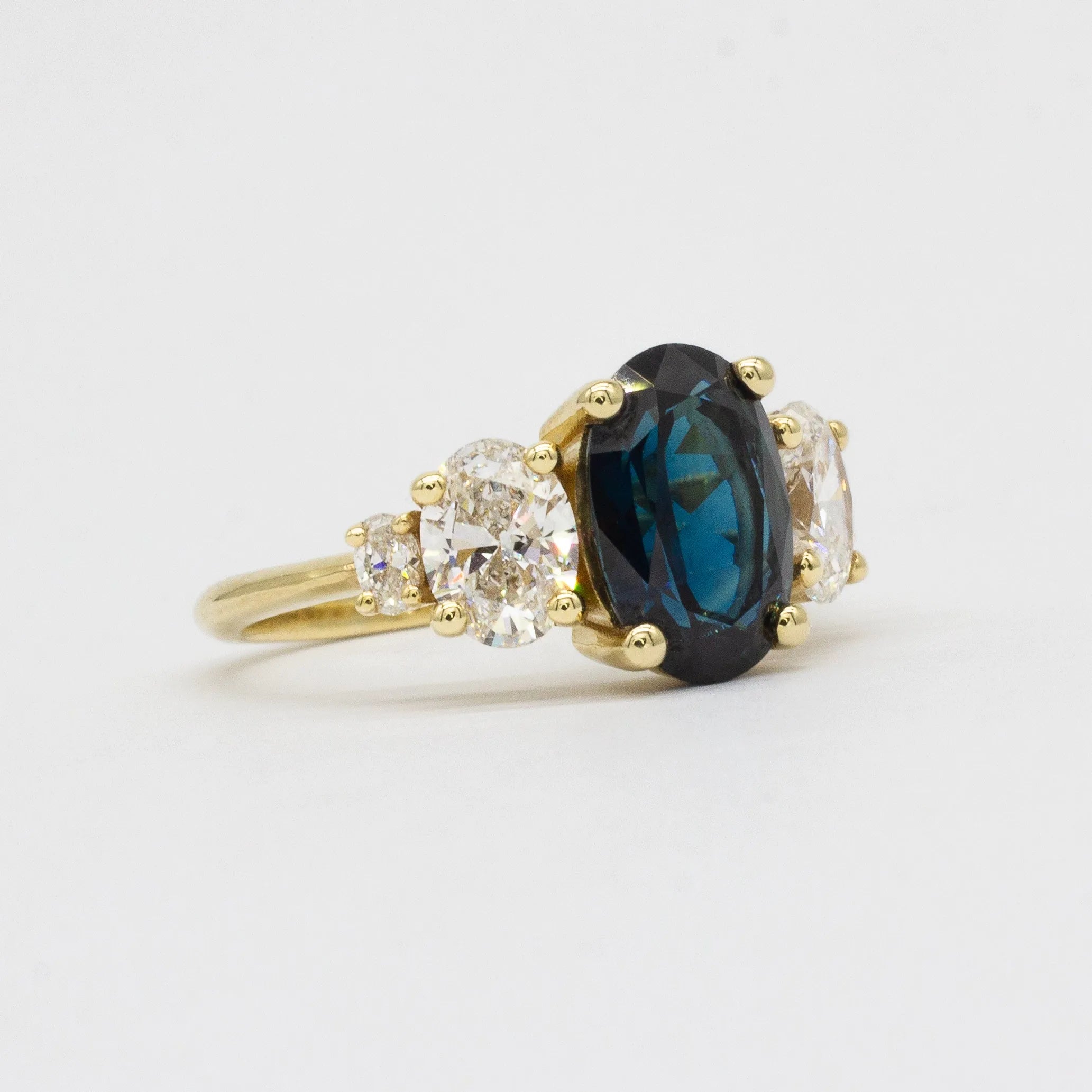 5-Stone Blue Oval Sapphire and Diamond Engagement Ring