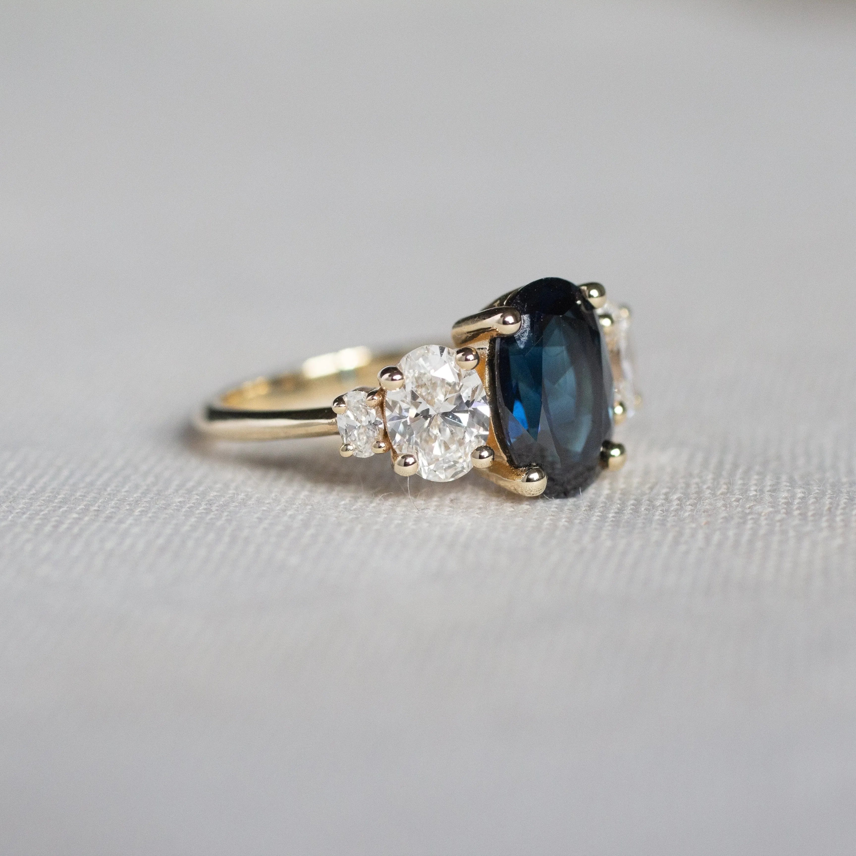 5-Stone Blue Oval Sapphire and Diamond Engagement Ring
