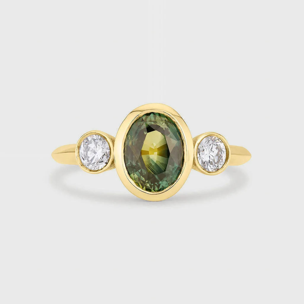 9ct Gold Green Sapphire and Diamond Bezel Engagement Ring