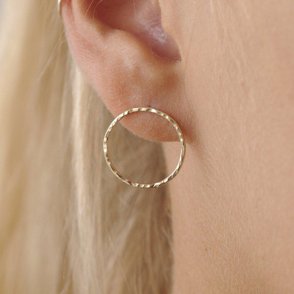 9ct Gold Hammered Large Circle Stud Earrings
