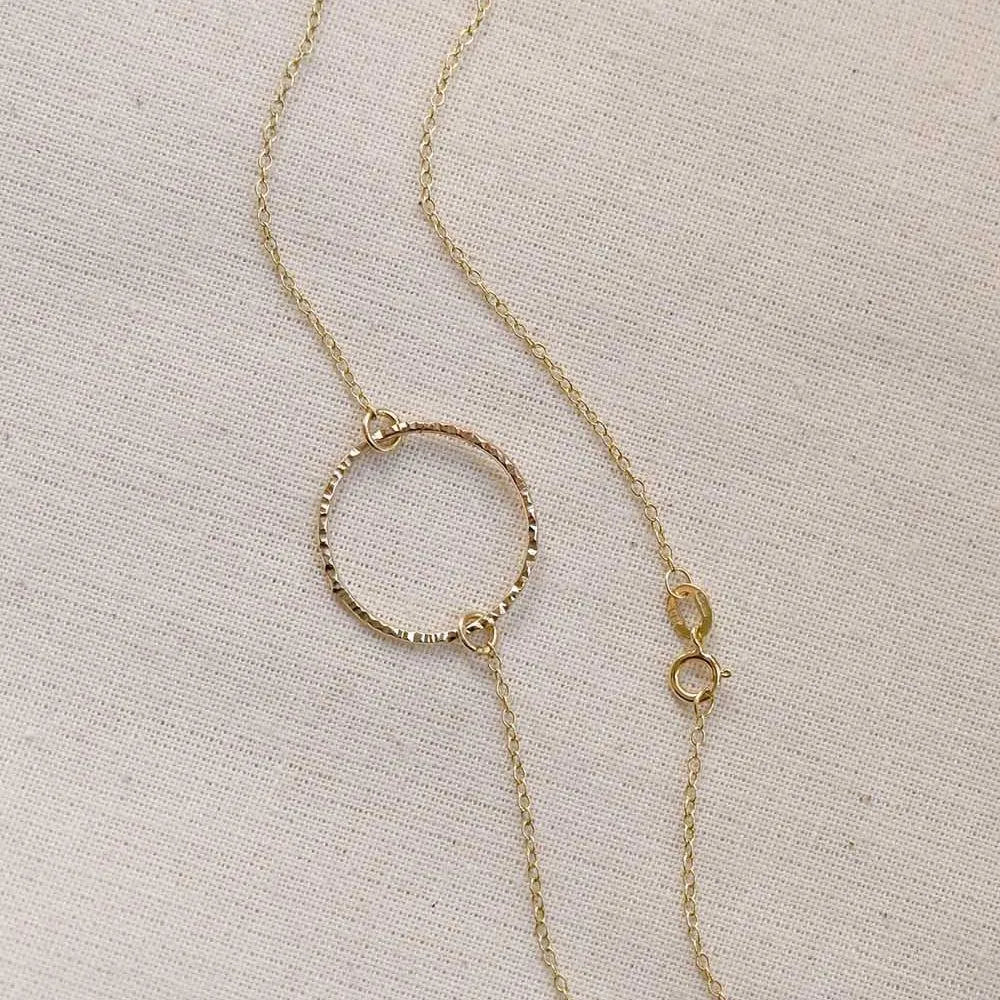 9ct Gold Open Hammered Circle Pendant Necklace flatlay