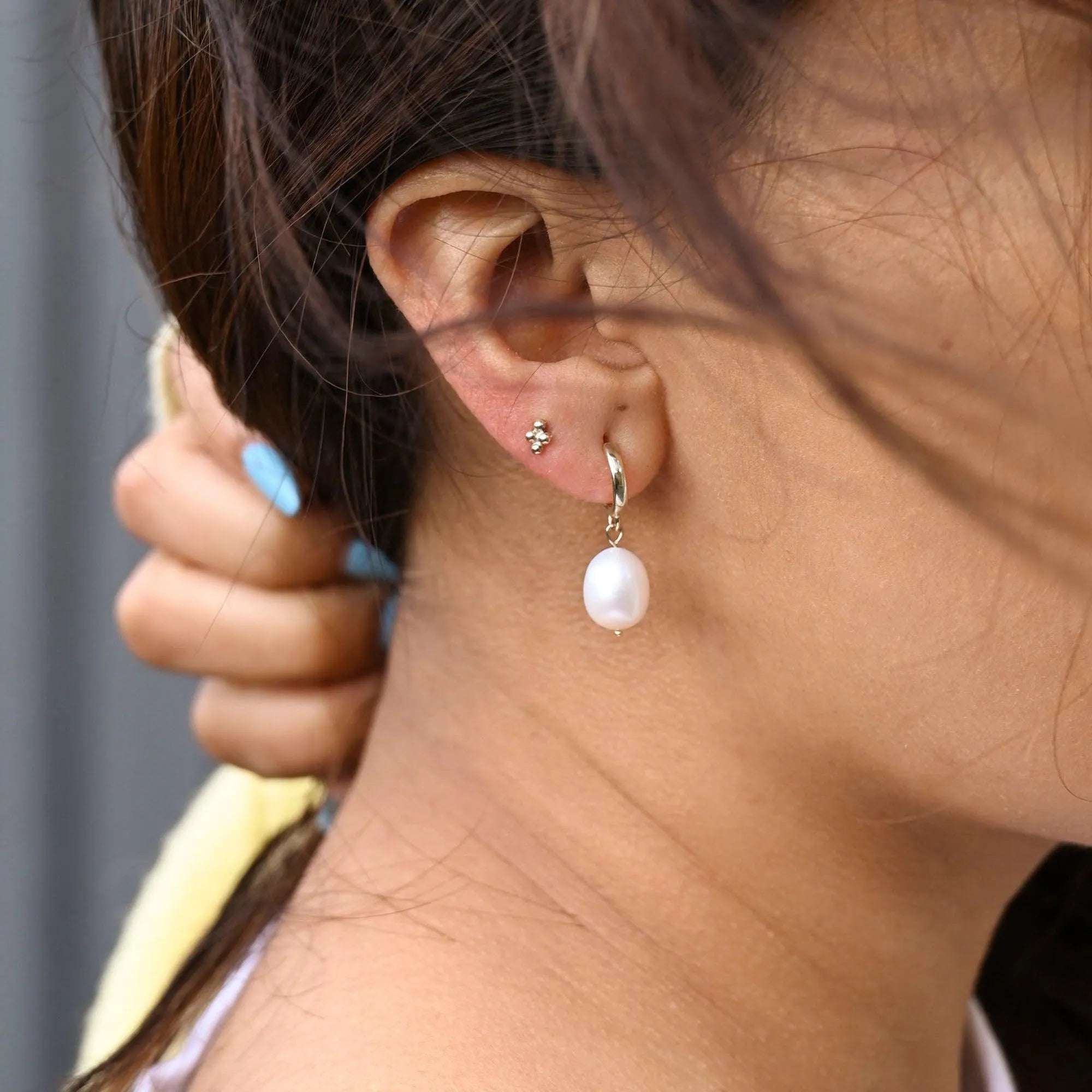 9ct Gold Pearl Drop Huggie Hoop Earrings