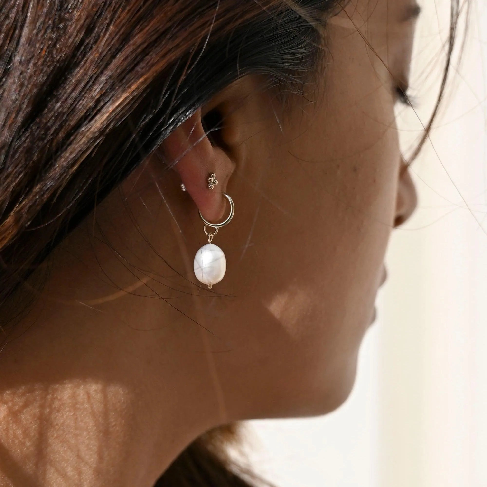 9ct Gold Pearl Drop Huggie Hoop Earrings