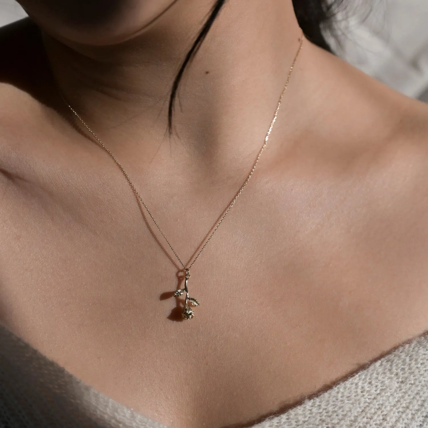 9ct Gold 'Roses Are Red' Stem Pendant Necklace