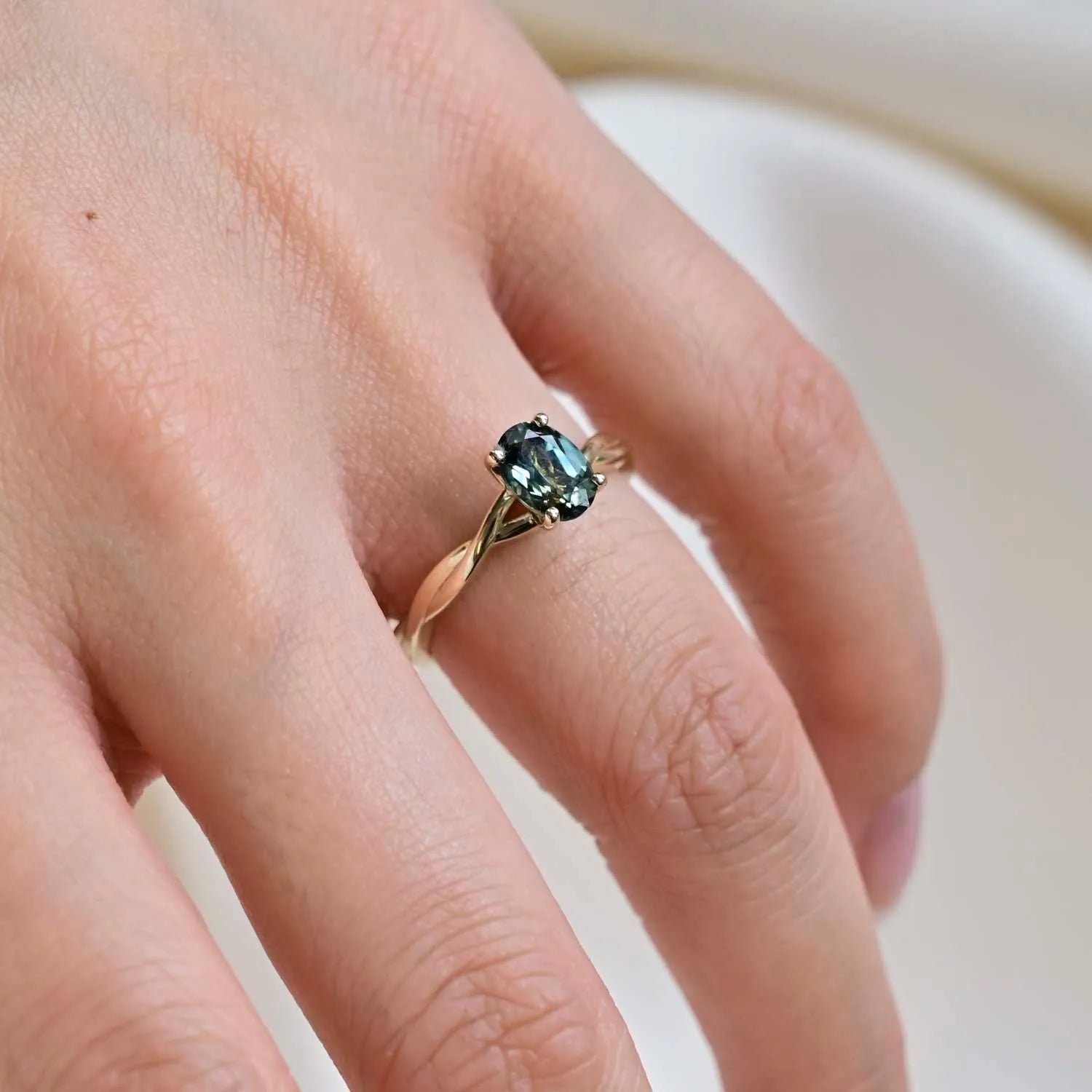 9ct Gold Teal Sapphire Solitaire Twisted Engagement Ring