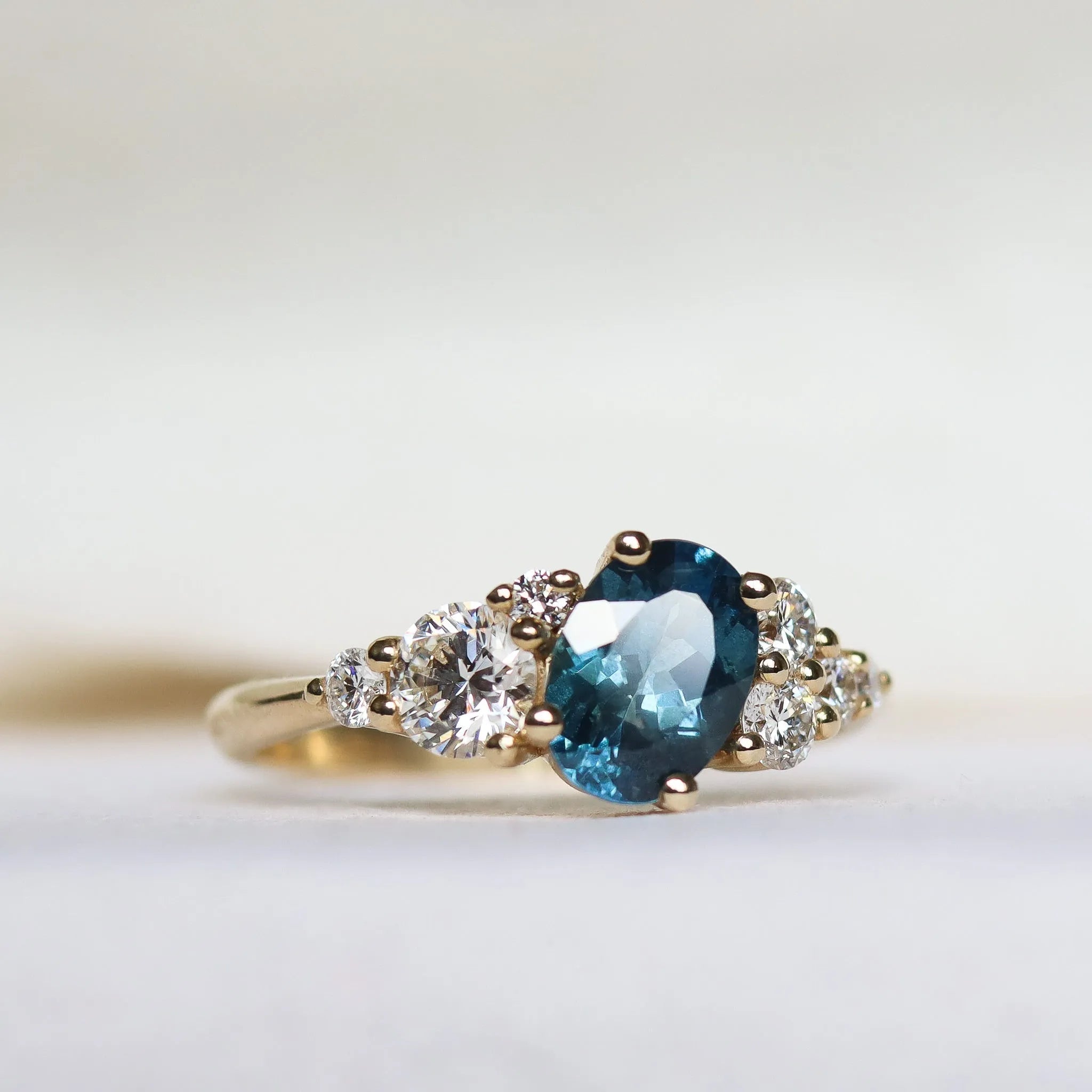 Asymmetric Blue Sapphire and Diamond Engagement Ring