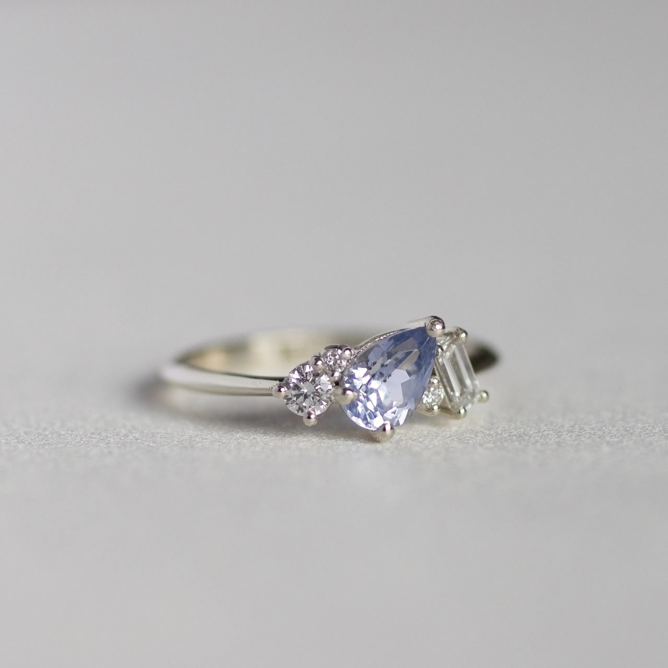Asymmetric Pear Blue Sapphire and Diamond Engagement Ring