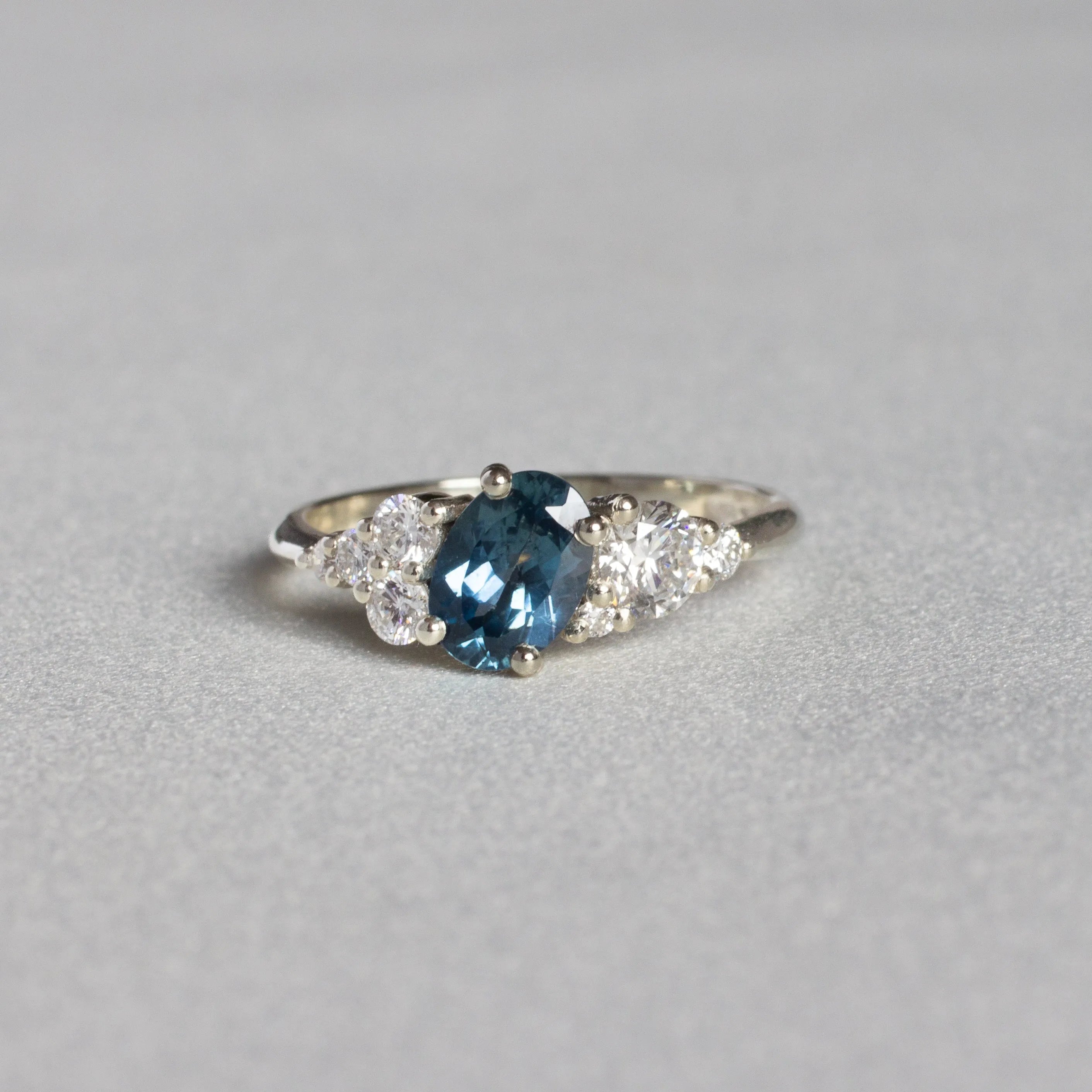 Asymmetric White Gold Blue Sapphire and Diamond Engagement Ring