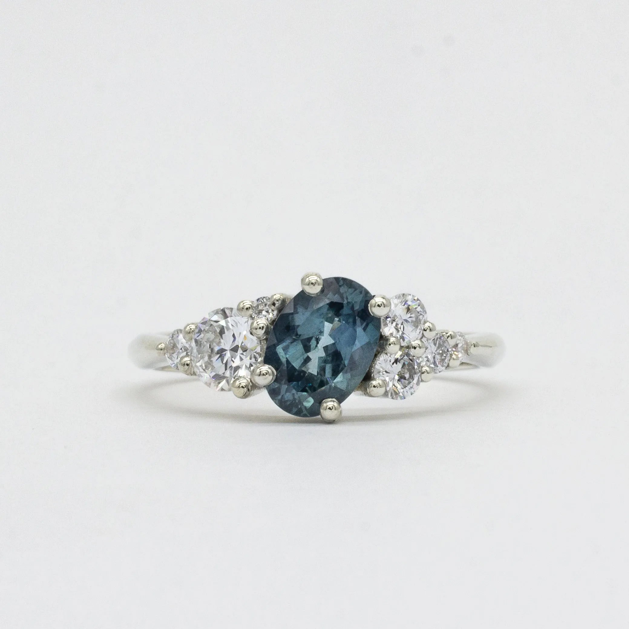 Asymmetric White Gold Blue Sapphire and Diamond Engagement Ring
