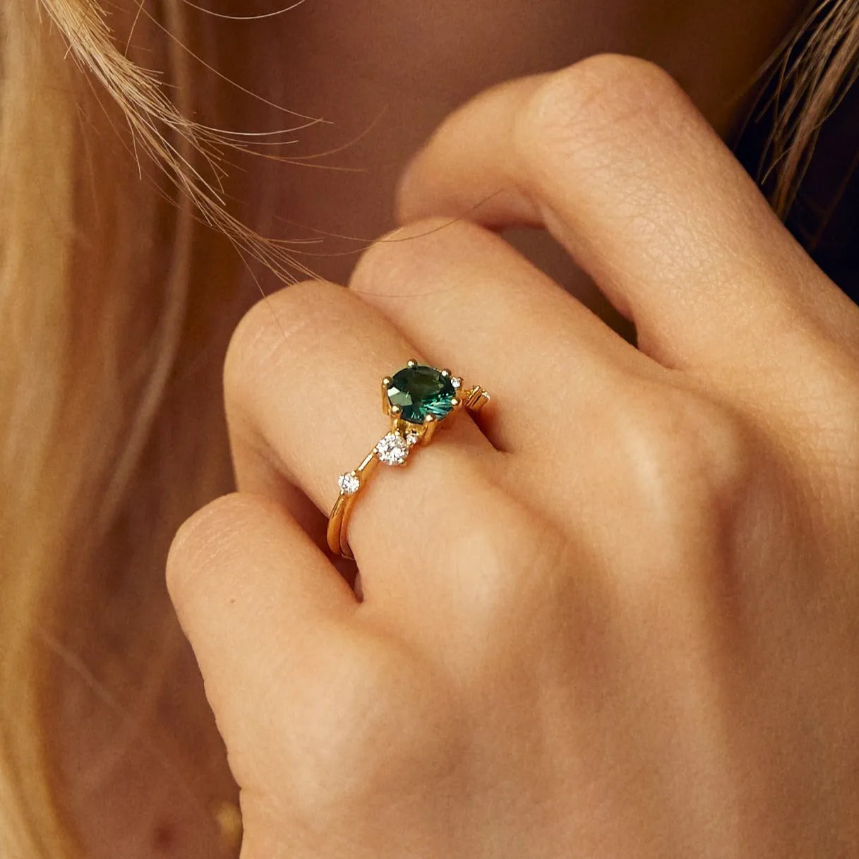 Asymmetrical Round Blue Sapphire Engagement Ring with Sprinkled Diamonds