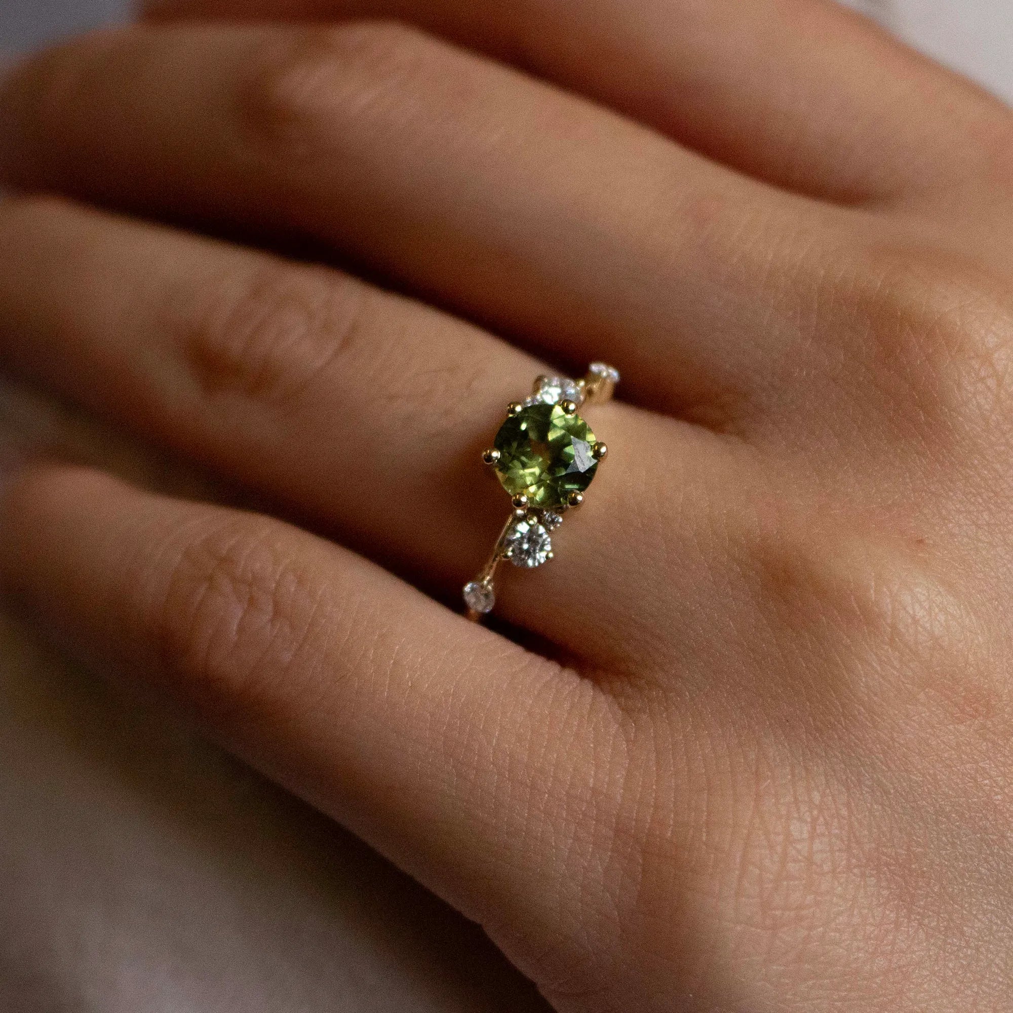 Asymmetrical Round Green Sapphire Engagement Ring with Sprinkled Diamonds