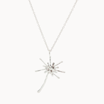 Silver starburst dandelion pendant necklace on a white background