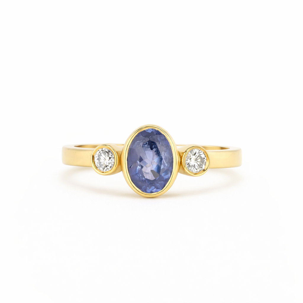 18ct Gold Three Stone Blue Sapphire Bezel Engagement Ring – Wild Fawn  Jewellery