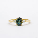 Low-Set Blue/Green Oval Sapphire Trilogy Engagement Ring with Diamonds-Engagement Rings-Wild Fawn Jewellery