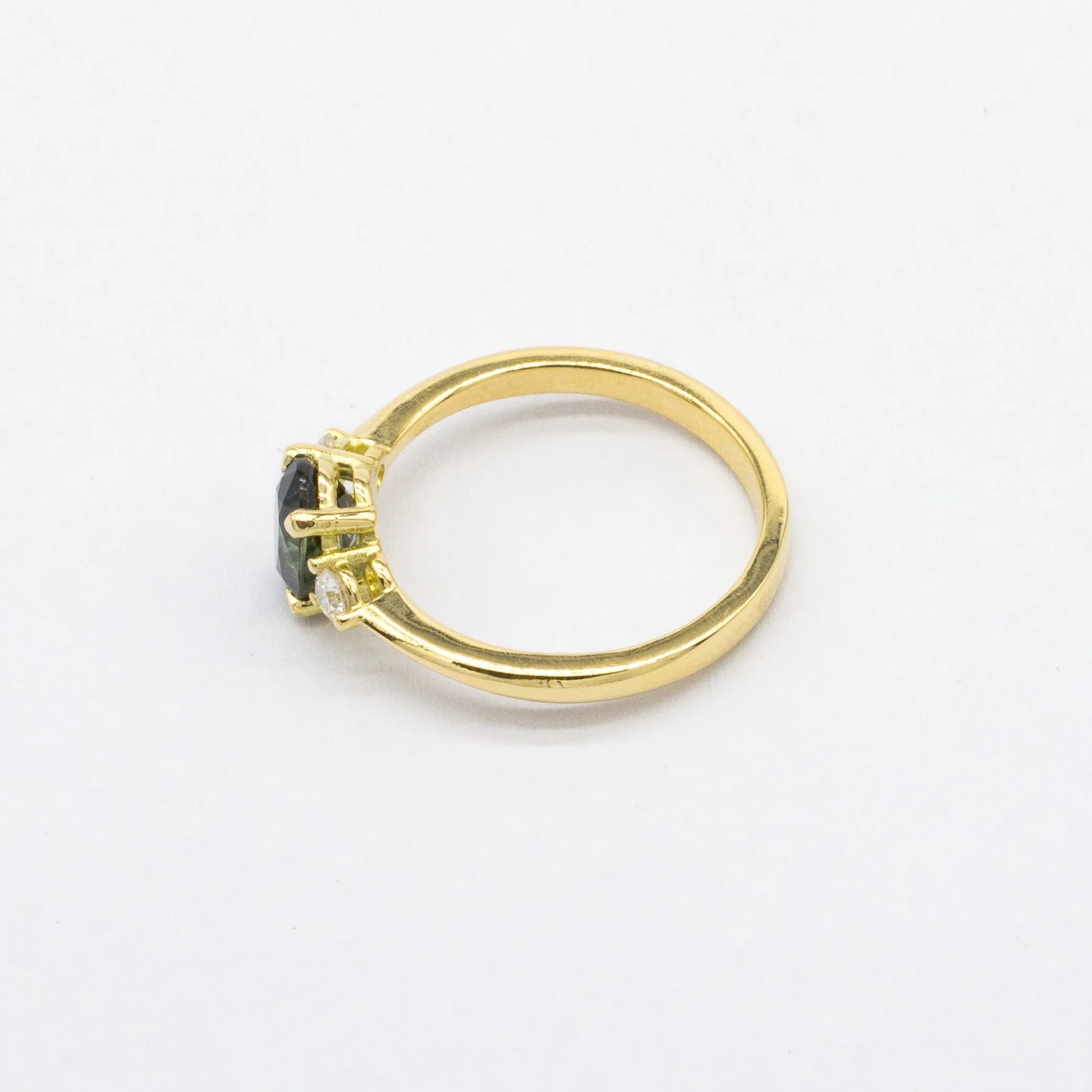 Low-Set Blue/Green Oval Sapphire Trilogy Engagement Ring with Diamonds-Engagement Rings-Wild Fawn Jewellery