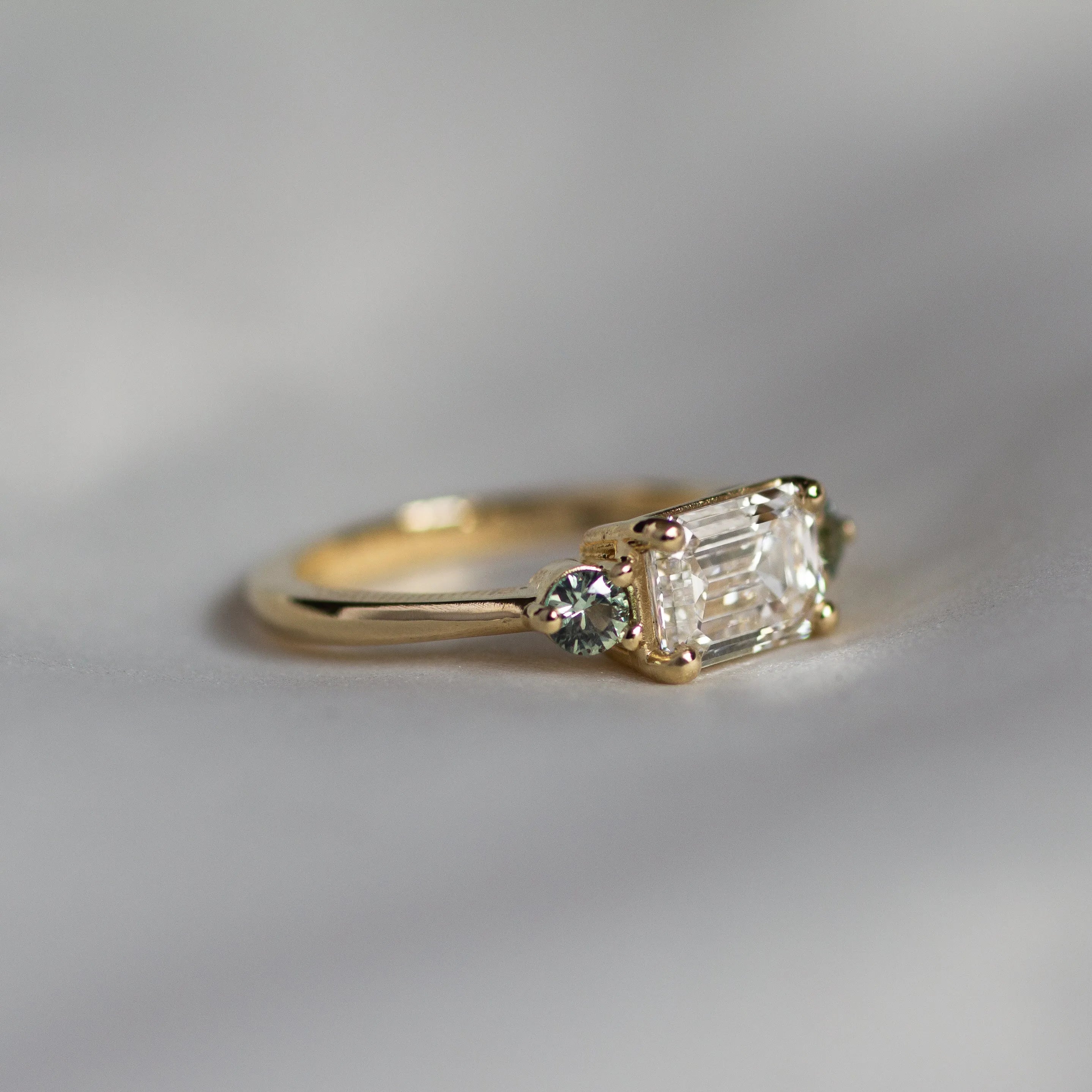 Emerald Cut Diamond with Green Sapphire Engagement Ring