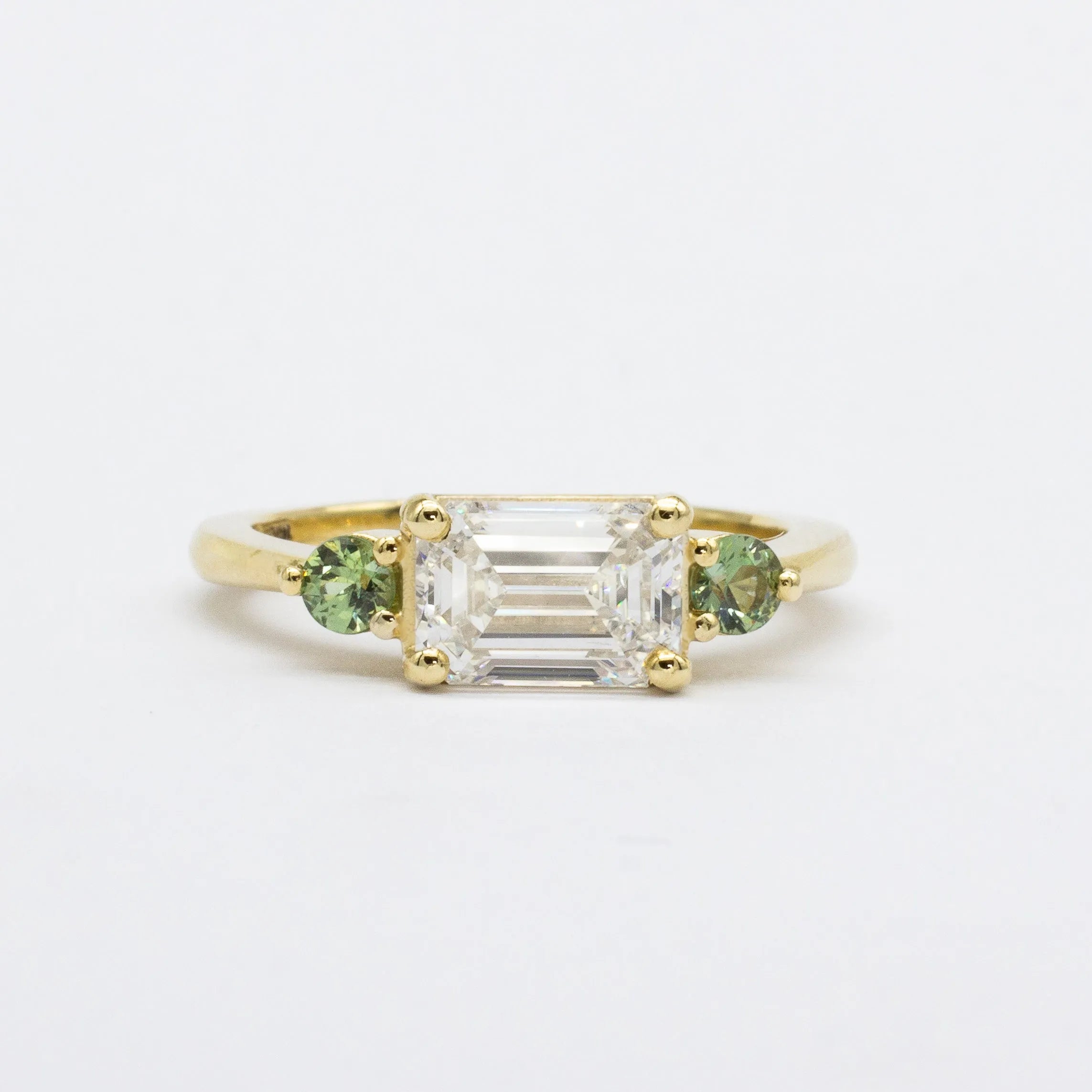Emerald Cut Diamond with Green Sapphire Engagement Ring