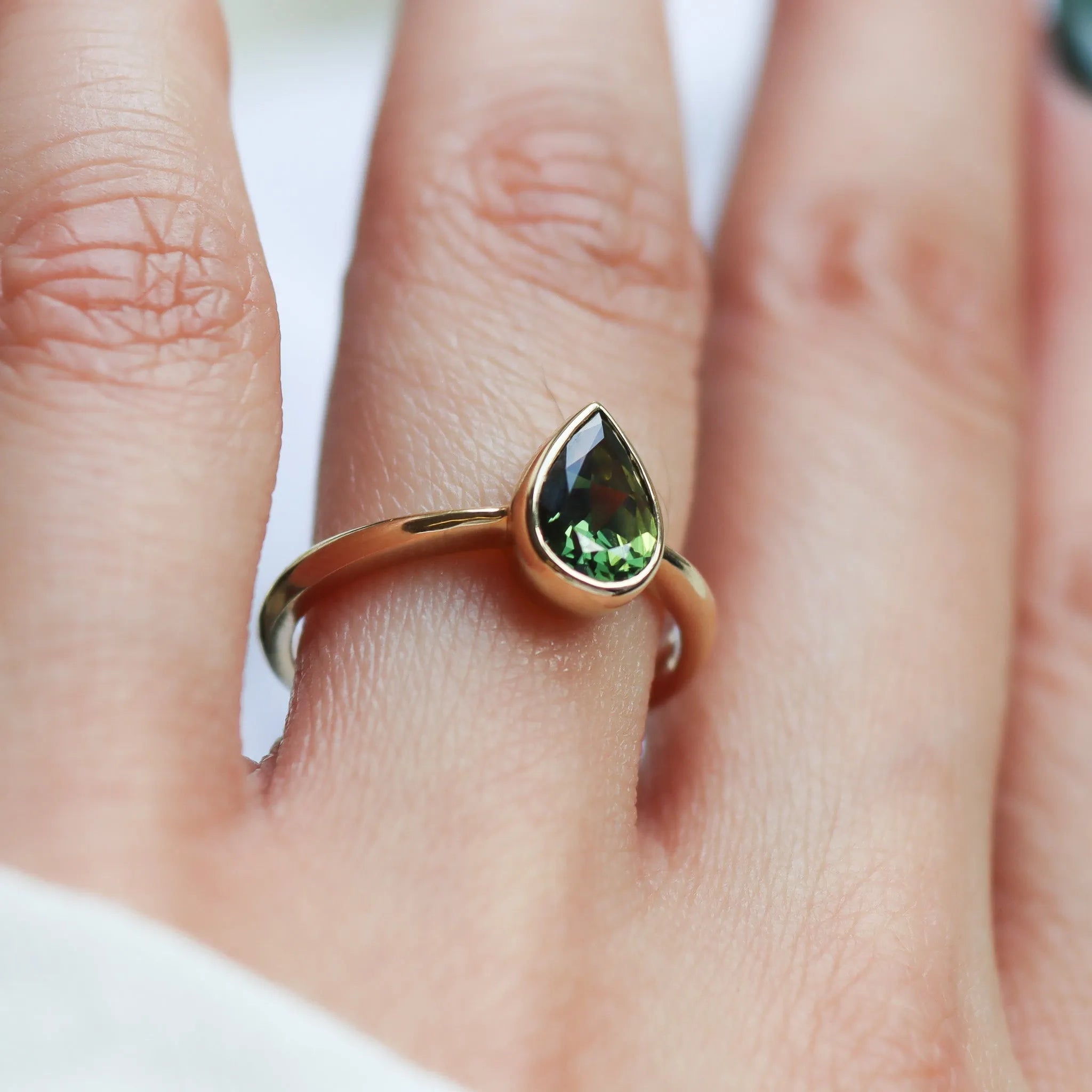 Green Pear Sapphire Solitaire Engagement Ring