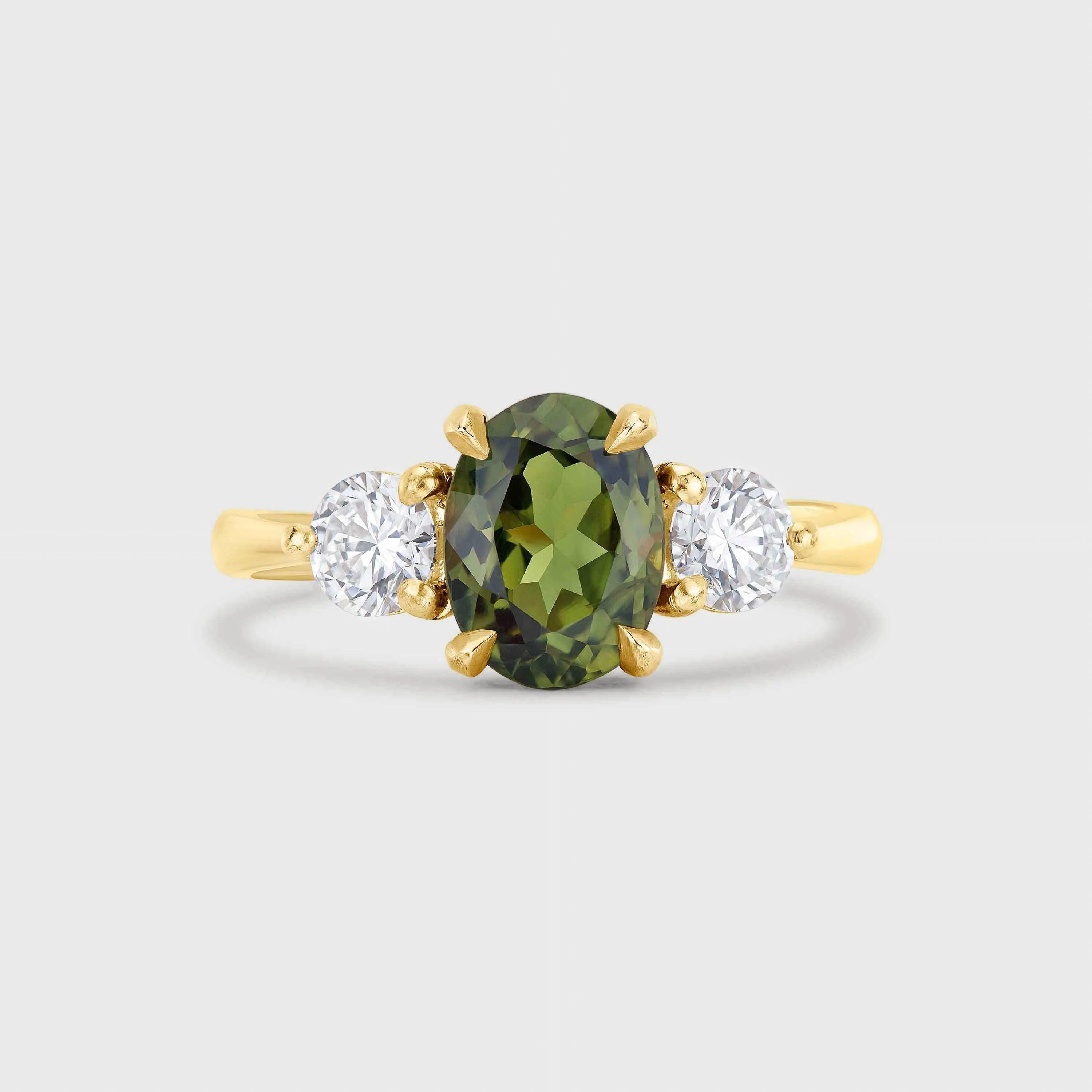 Green Sapphire Three Stone Engagement Ring with Diamonds