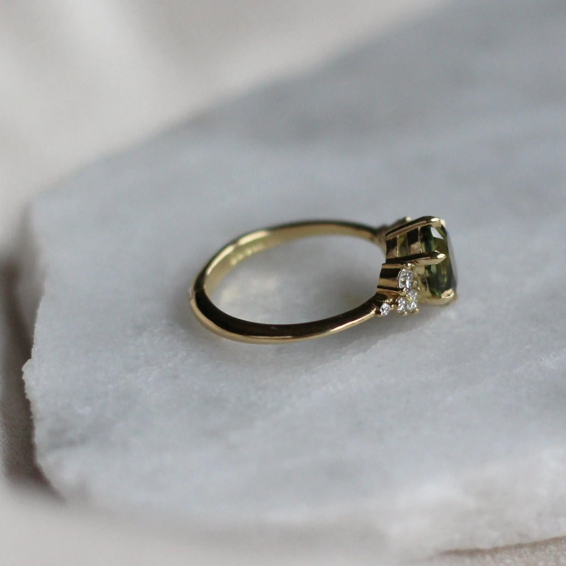 Green Sapphire and Diamond Cluster Engagement Ring