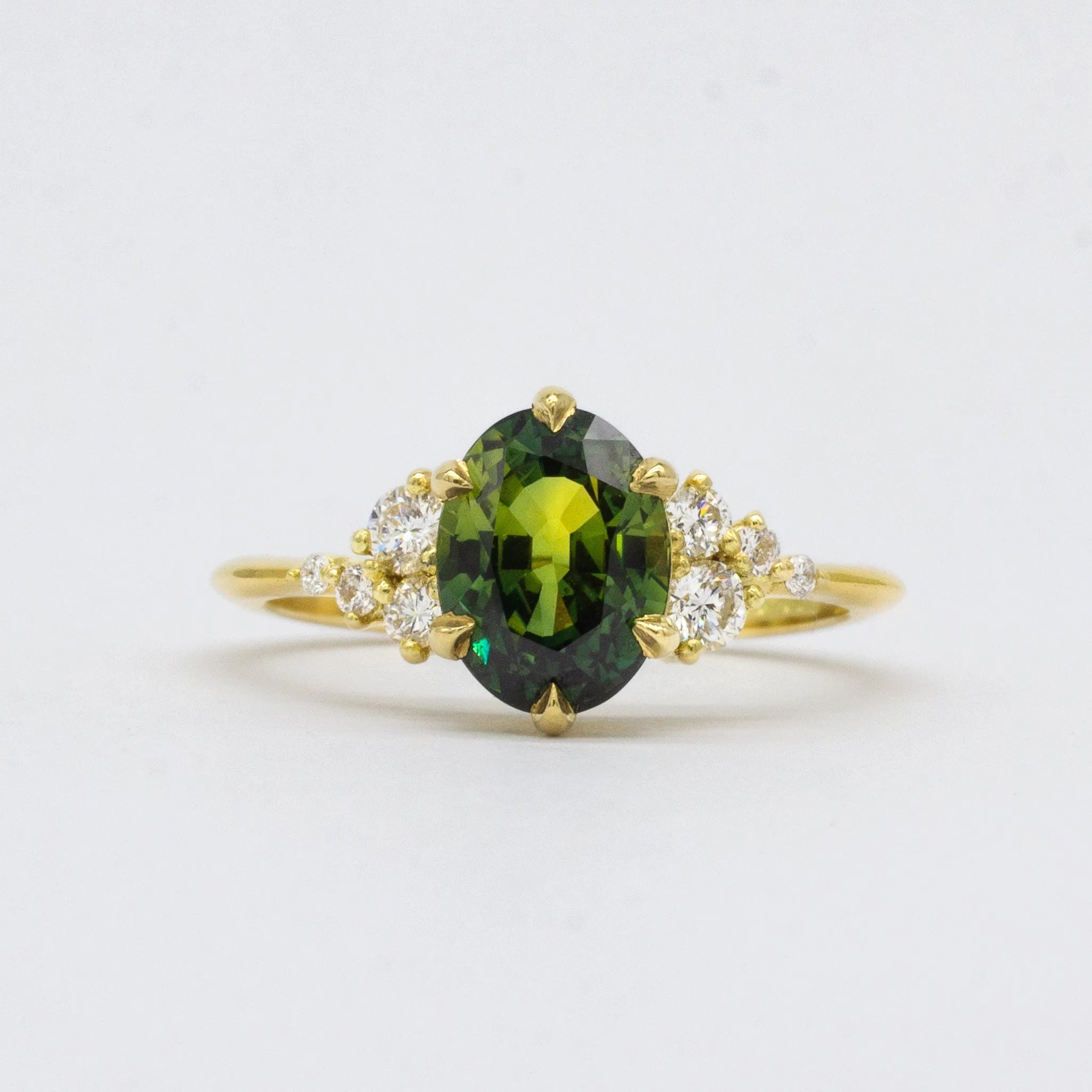 Green Sapphire and Diamond Cluster Engagement Ring