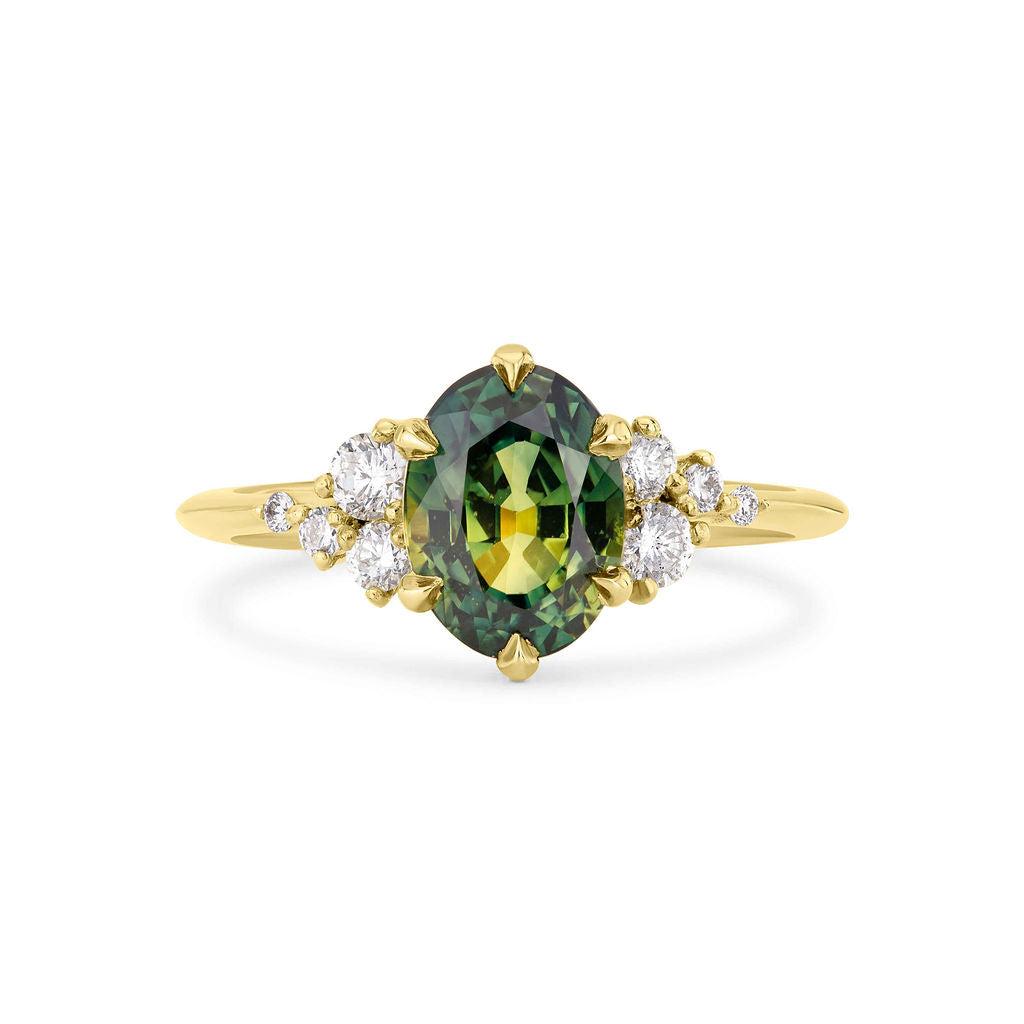 Green Sapphire and Diamond Cluster Engagement Ring