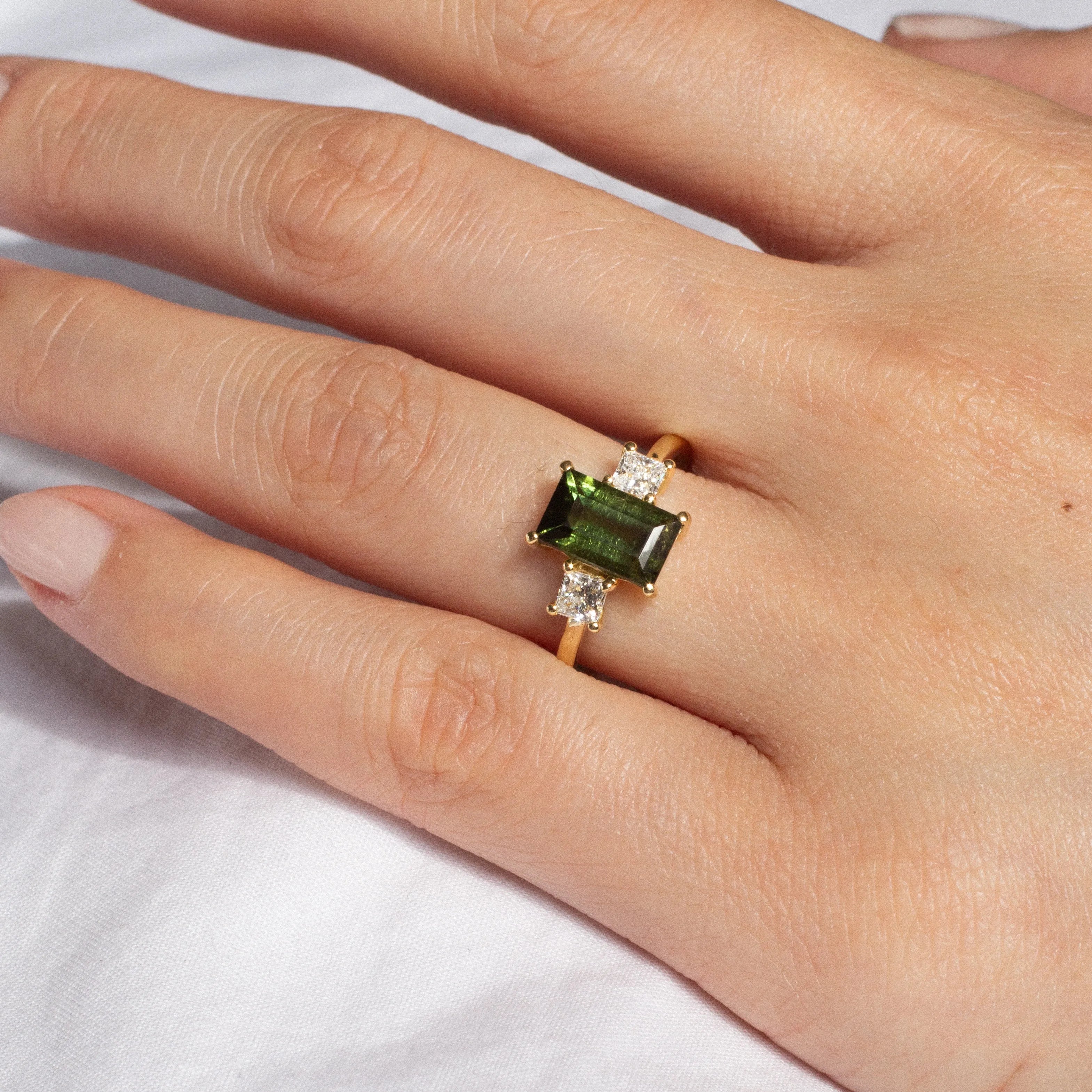 Green Tourmaline Baguette Engagement Ring with Princess Diamonds