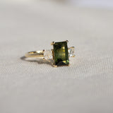 Green Tourmaline Baguette Engagement Ring with Princess Diamonds