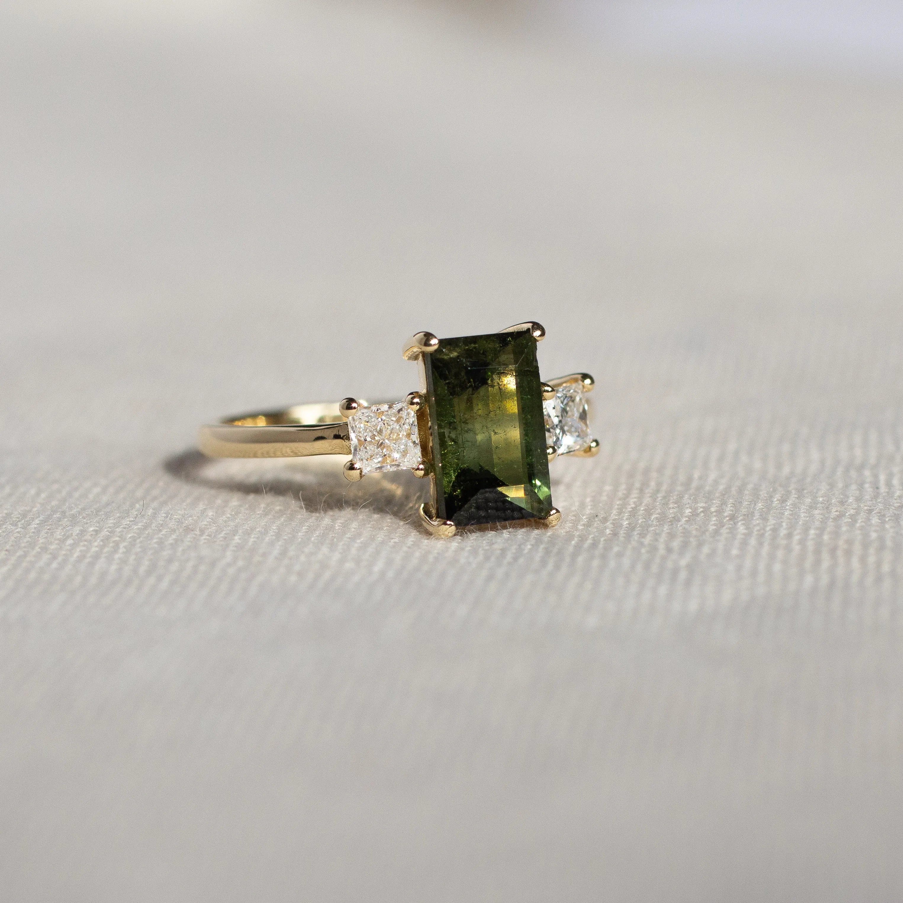 Green Tourmaline Baguette Engagement Ring with Princess Diamonds