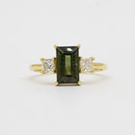 Green Tourmaline Baguette Engagement Ring with Princess Diamonds