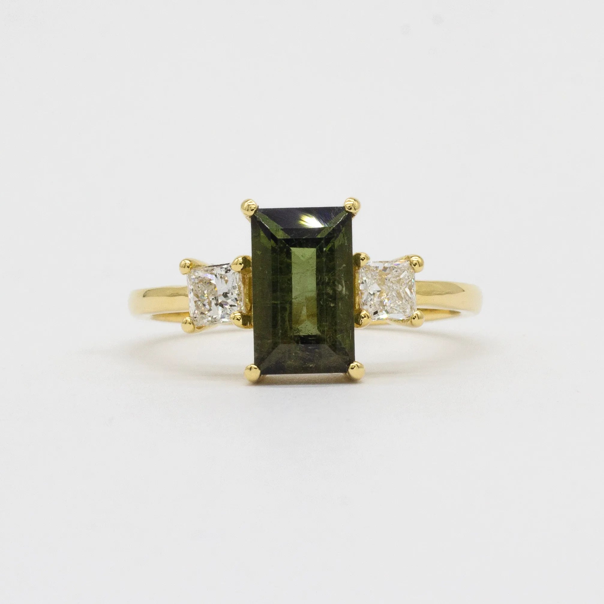 Green Tourmaline Baguette Engagement Ring with Princess Diamonds