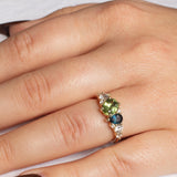 Green and Blue Sapphire Diamond Asymmetric Cluster Engagement Ring