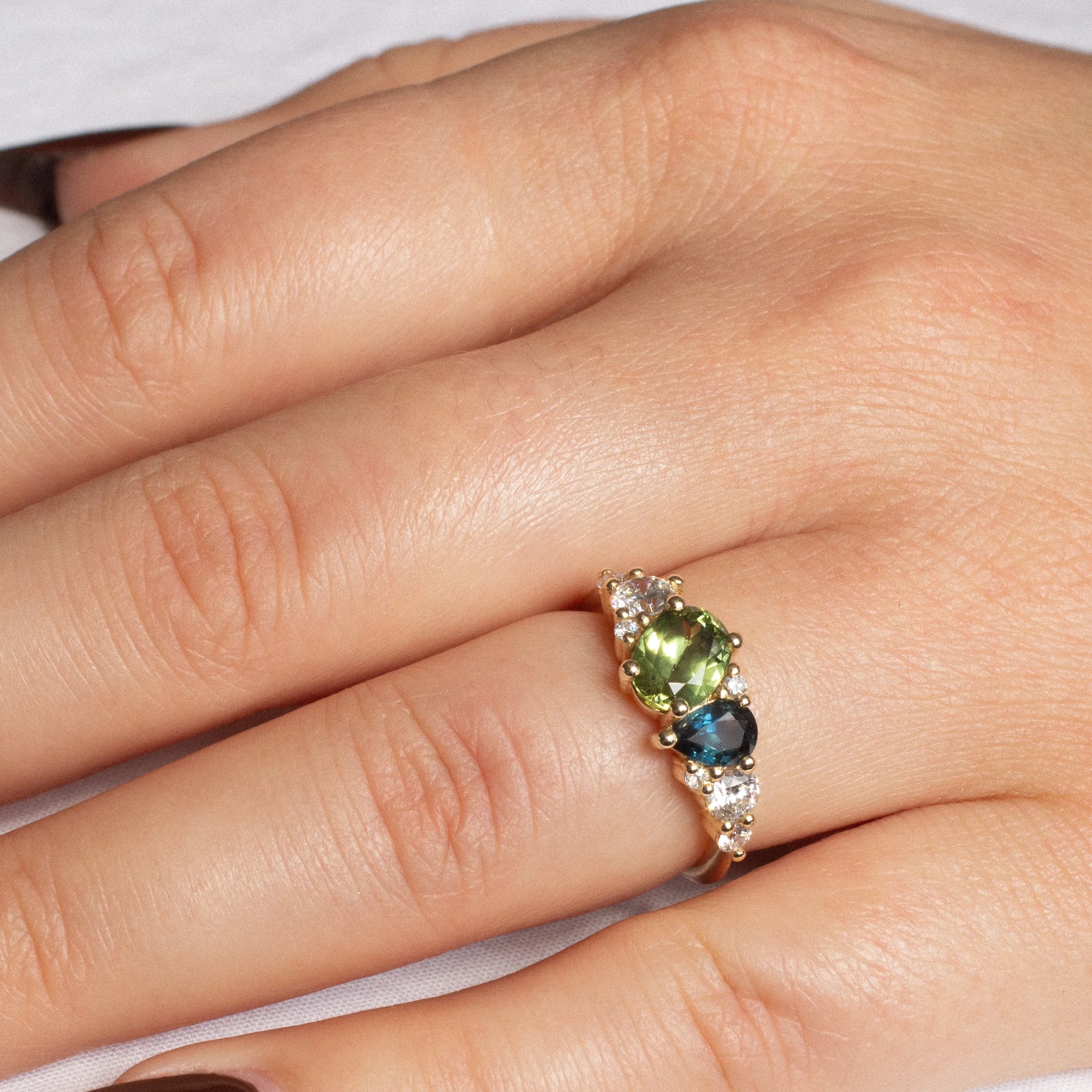 Green and Blue Sapphire Diamond Asymmetric Cluster Engagement Ring