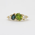 Green and Blue Sapphire Diamond Asymmetric Cluster Engagement Ring