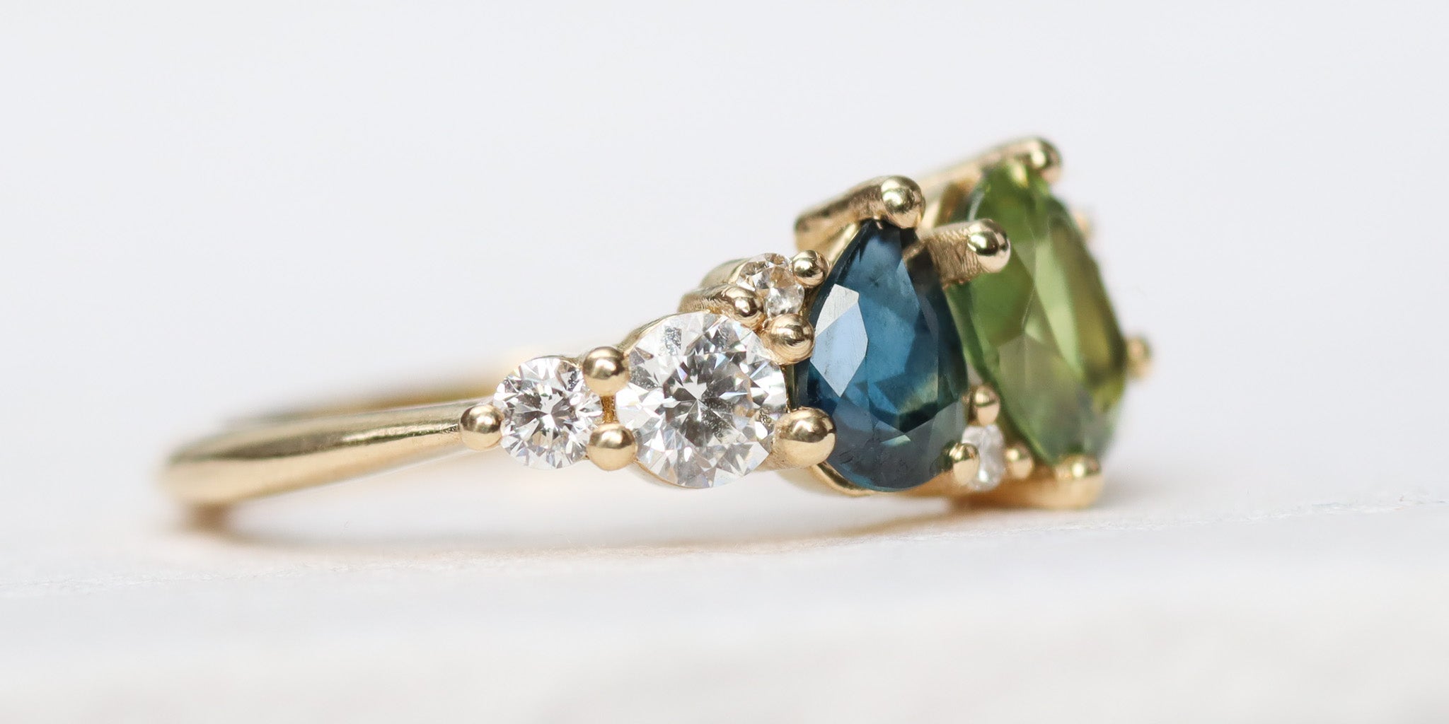 Green and Blue Sapphire Diamond Asymmetric Cluster Engagement Ring