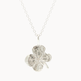 Silver four-leaf clover pendant on a chain against a white background