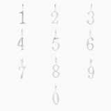Set of silver number pendants from 0-9 on a white background