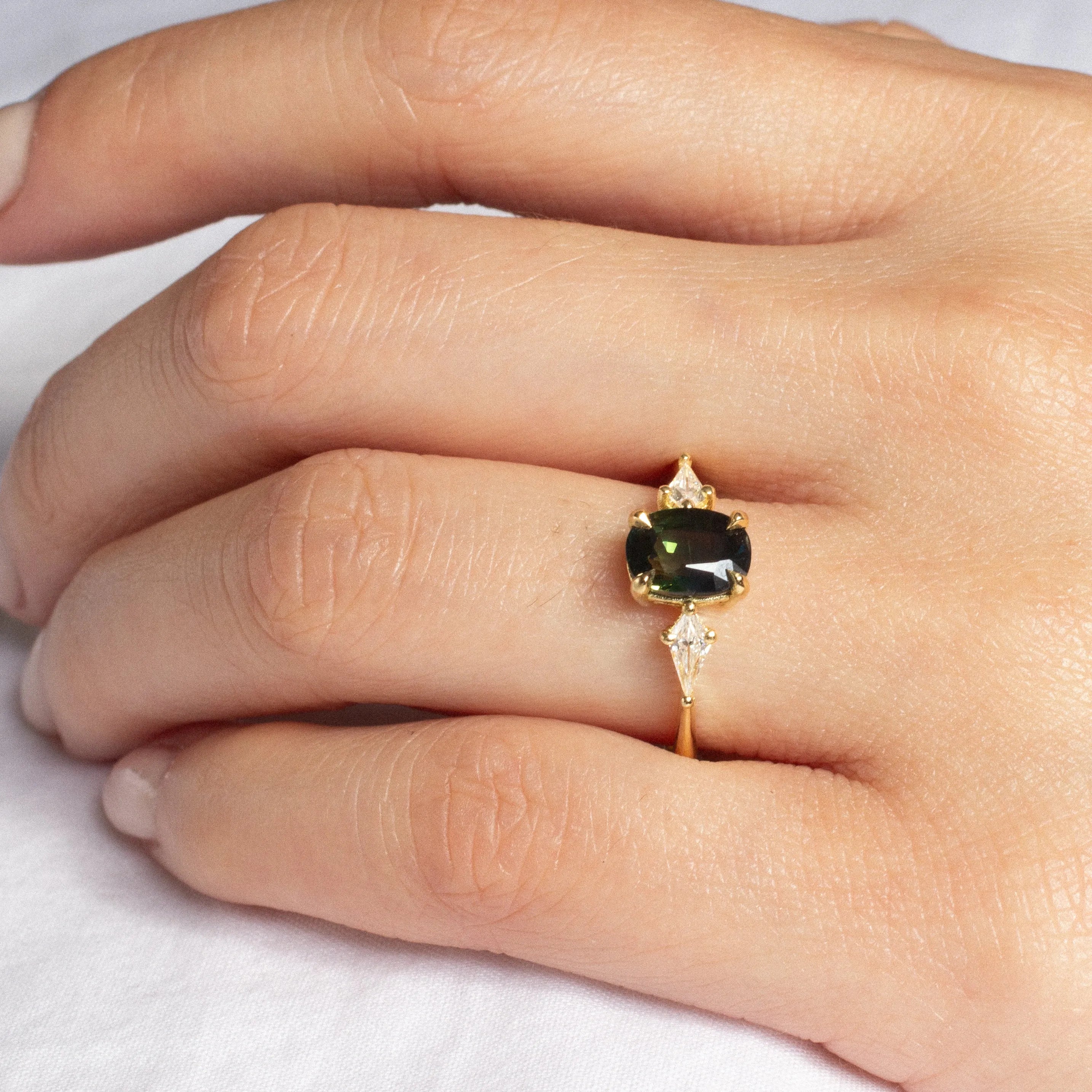 Oval Blue/Green Sapphire Engagement Ring with Kite Diamonds