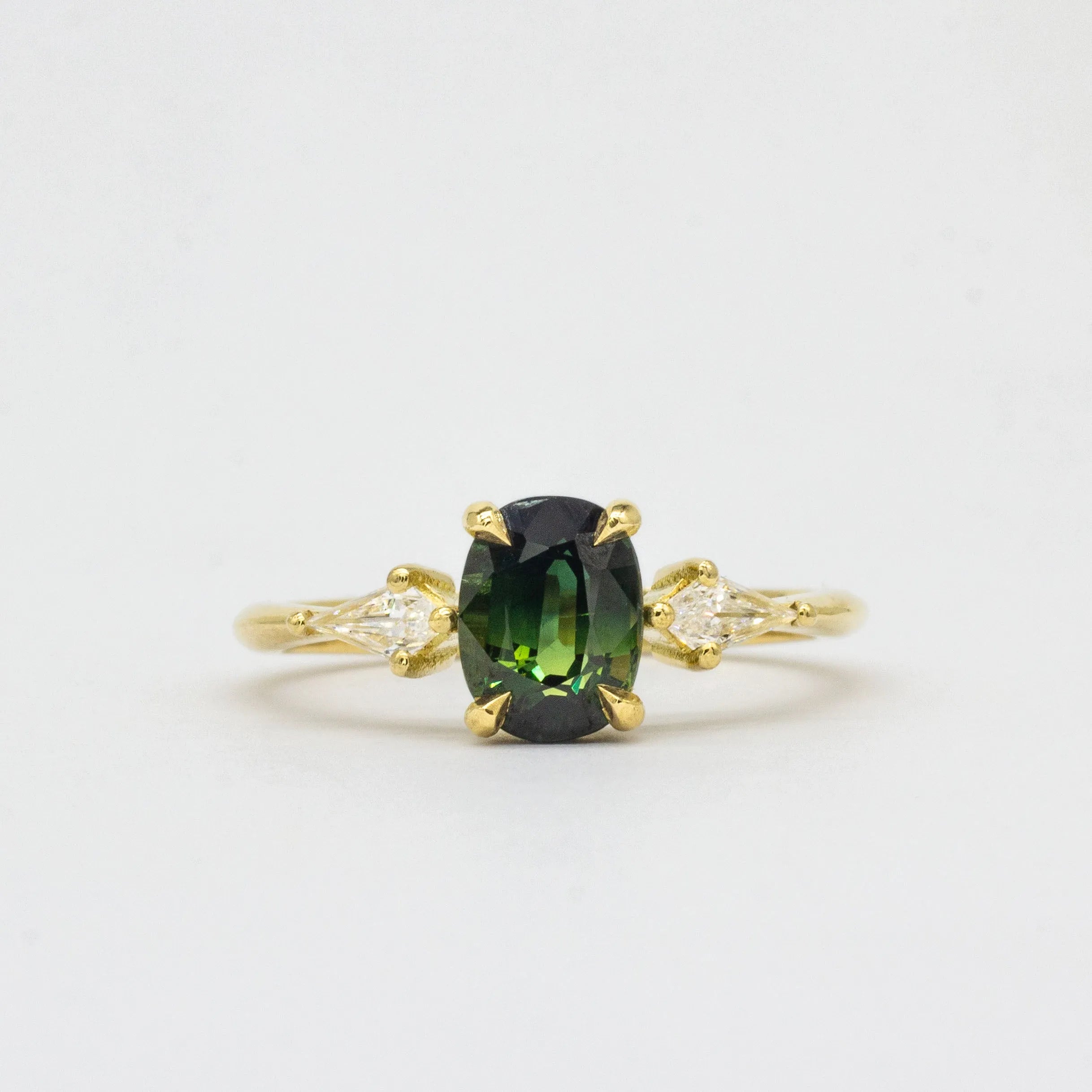 Oval Blue/Green Sapphire Engagement Ring with Kite Diamonds