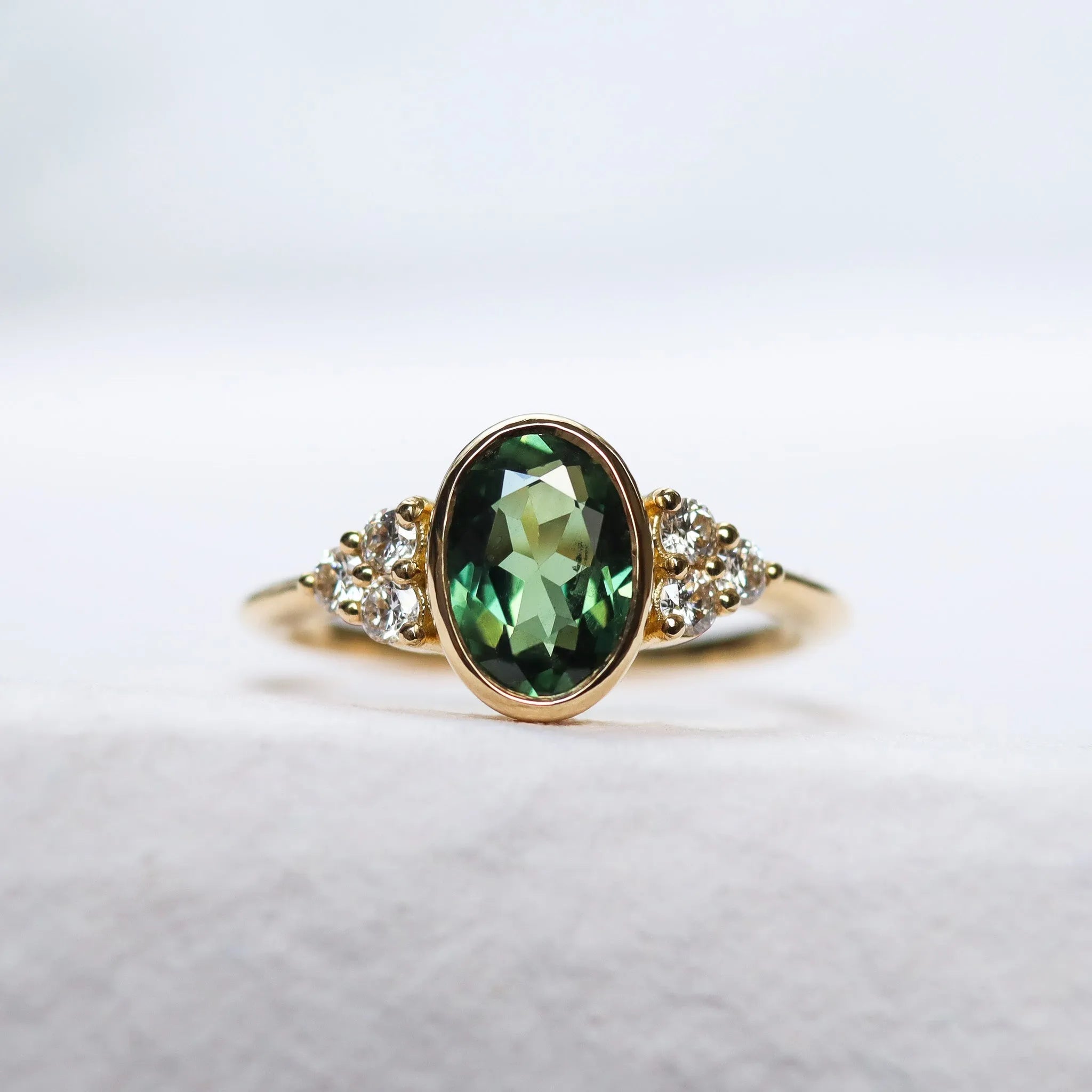 Oval Green Sapphire Diamond Cluster Engagement Ring