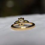 back view of diamond engagement ring with gold band and basket with blurred background