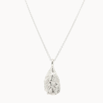 Silver oyster necklace with silver chain on a white background